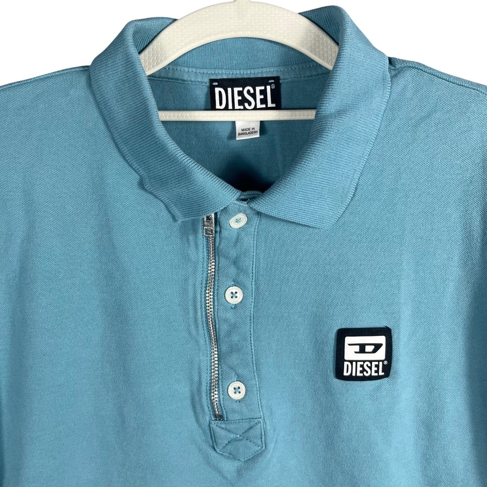 Diesel Polo Shirt Mens XL (Fits M) Blue Zip Button Placket Short Sleeve Patch